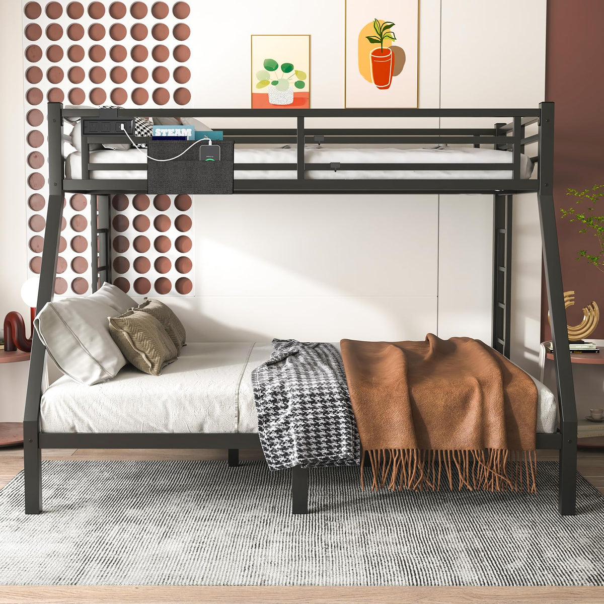 XUWANSHANG Twin XL Over Queen Bunk Bed Frame, Heavy Duty Metal Loft Bed for Adults/Teens, 350/600LB Capacity w/Ladder & Guardrail, Noise-Free Steel Slats, No Box Spring Required, Black