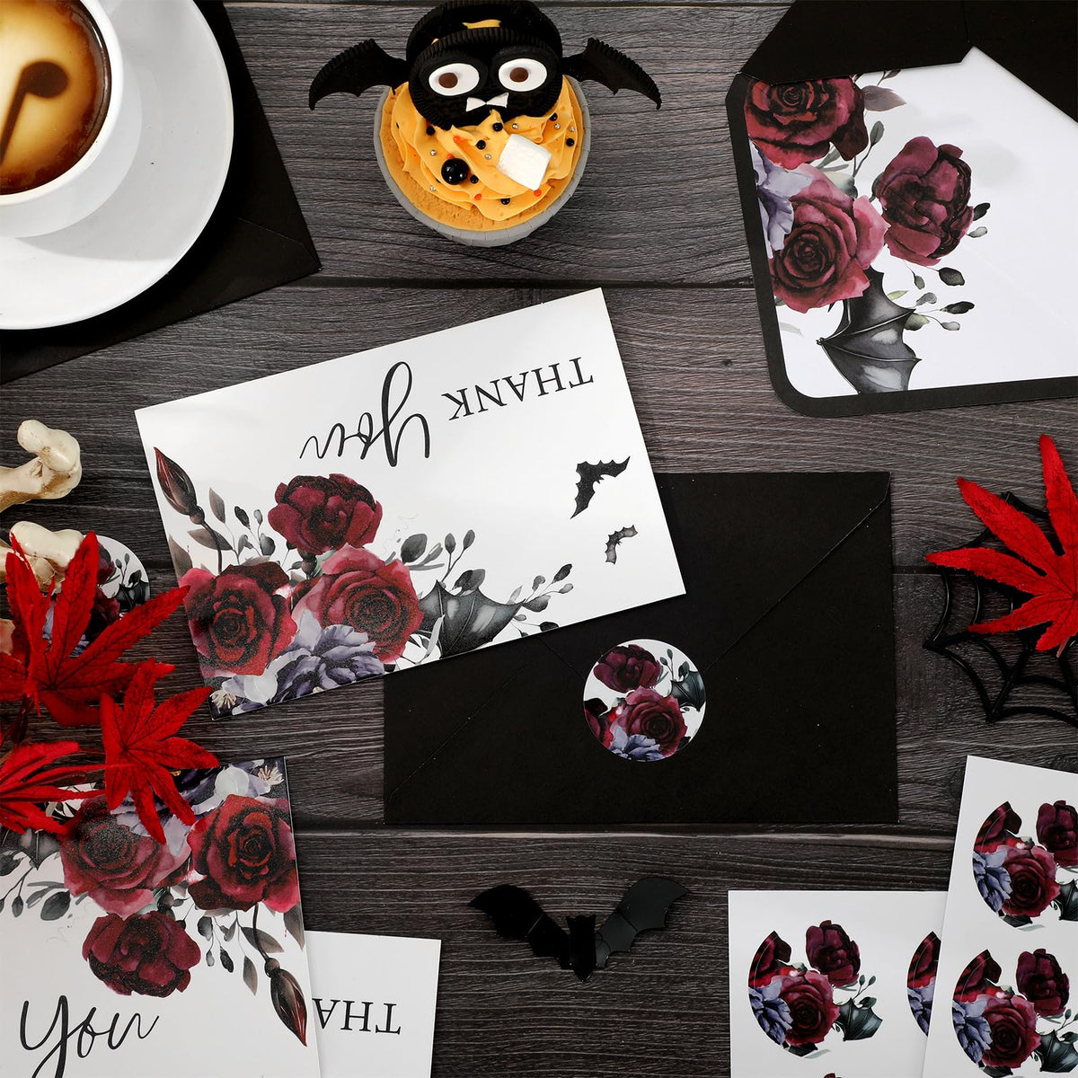 Whaline 36Pcs Halloween Thank You Cards with Envelopes Stickers Blood Red Flower Bat Greeting Cards Blank Note Card for Halloween Birthday Wedding Party Supplies