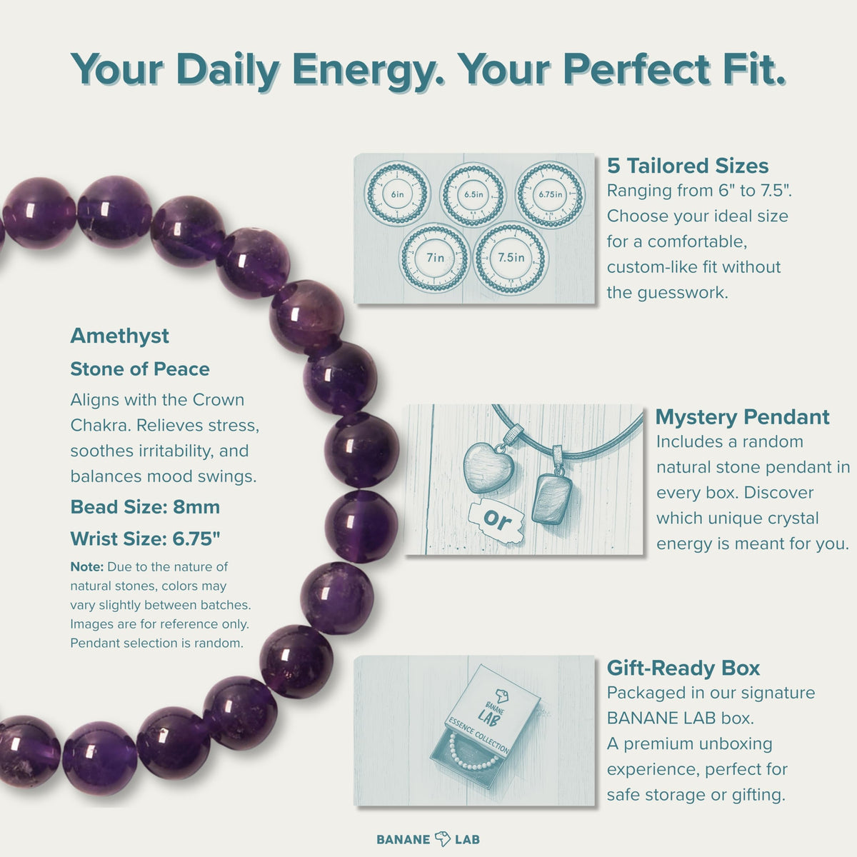 BANANE LAB Amethyst Beaded Bracelet with Mystery Polished Crystal Pendant - 8mm Real Natural Gemstone Beads for Men Women - Calm Peace Stress Relief Gift for Her him - Fits 6.75" Wrist