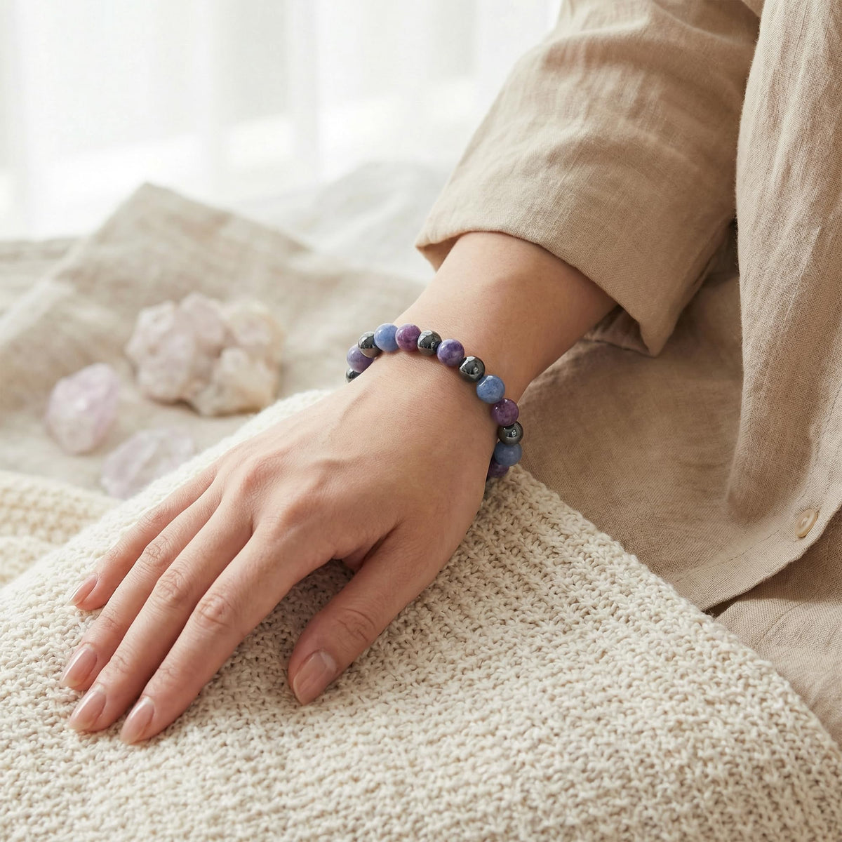 Bivei Quit Alcohol Bracelet, Strength Crystal Healing Bracelet 8MM with Lepidolite & Blue Aventurine & Hematite - Spiritual Stretch Beaded Jewelry for Women Men Gift