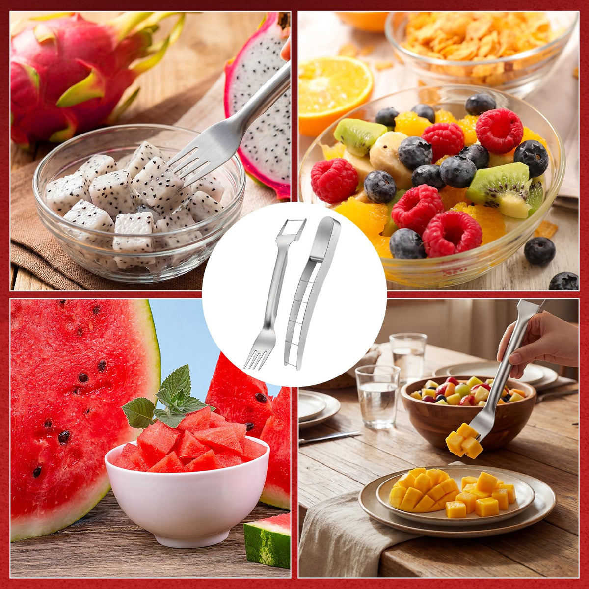 LemonRoad 2 Pcs Watermelon Cutter Slicer Set, 2-in-1 Stainless Steel Fruit Cutter with Fork & Watermelon Cutters Tool for Easy Cubes, Quickly Melon Slicer Tool Set for Home Party Camping Kitchen
