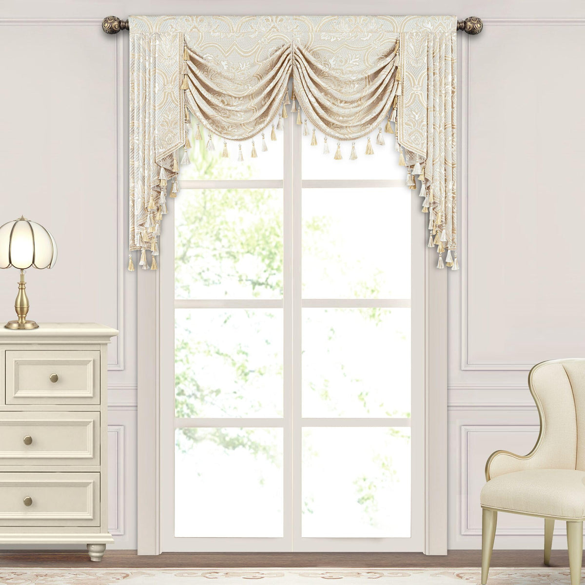 Loom and Mill European Elegant Waterfall Valance for Living Room, Luxury Jacquard Frame Swag Valances with Tassels, Beige Gold Floral Swag Curtains for Bedroom Window Holiday Decor(W59 Inch,1 Panel)