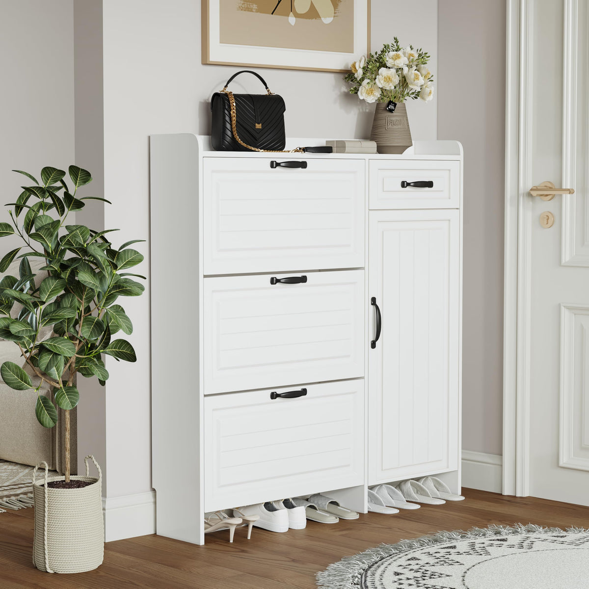Ball & Cast Shoe Storage Cabinet with 3 Flip Drawers & 1 Drawer, Freestanding Hidden Shoe Organizer with Legs for Entryway, Narrow Shoe Rack Cabinet for Living Room,White