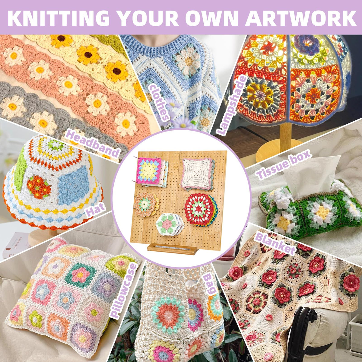 Tatiwoo 15.4" Foldable Blocking Board, Large Blocking Board for Crocheting Knitting with 30 Pcs Pin/Peg, Granny Square Blocking Boards for Wooden Knitting Blocking Board Crochet Projects