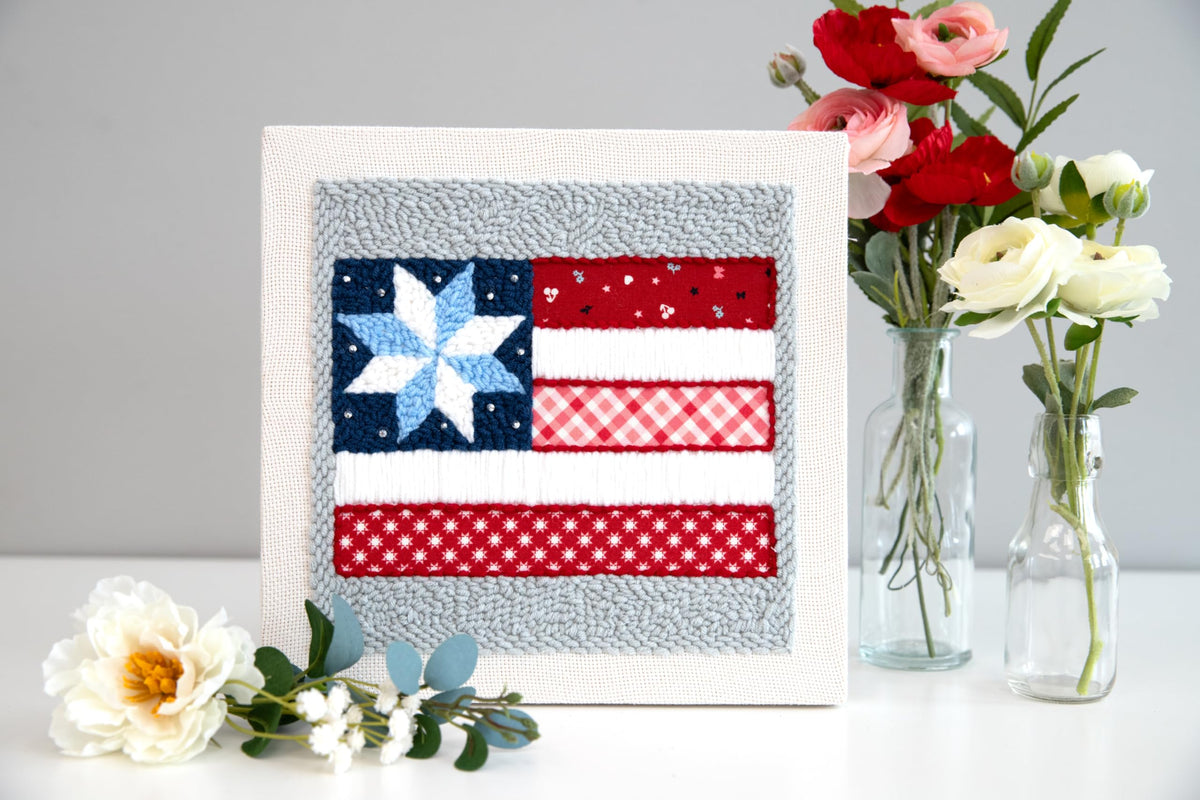 Kimberbell Stars & Stripes Forever Punch Needle Kit – Complete Patriotic Craft Set with Tool, Yarn, Hoop, Monks Cloth, Appliqués & Rhinestones – DIY Punch Needle Plus Kit with Video Tutorials