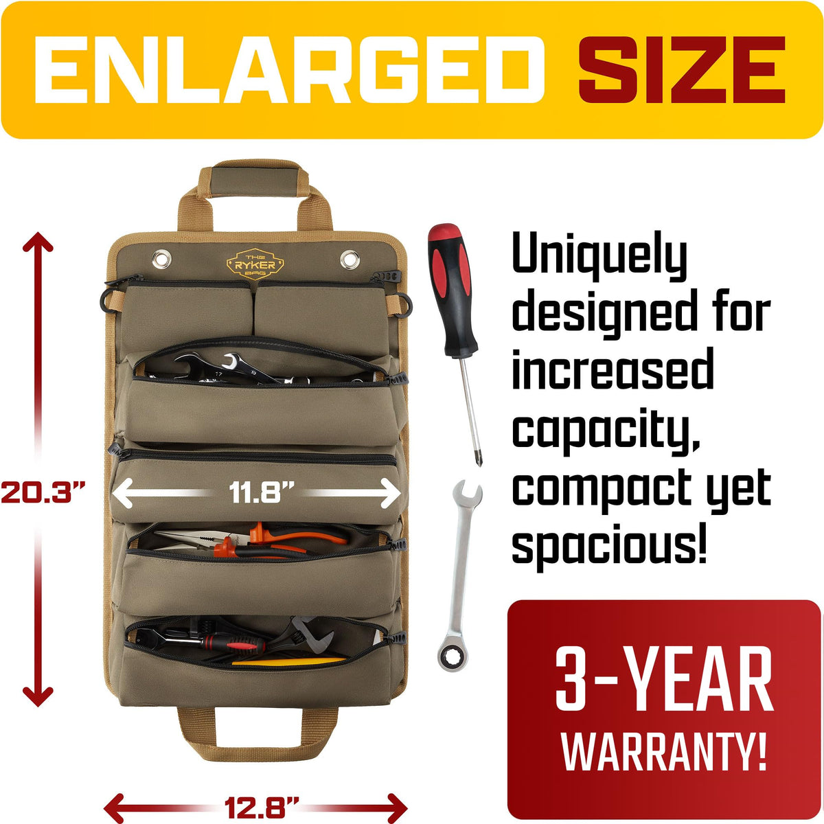 The Ryker Roll Up Tool Bag Organizer Gifts for Dad. Heavy Duty Motorcycle Tool Roll Bag Organizer. Portable Rollup Toolbag w/Detachable Pouches - Tools Bags Mens gifts for him - Mechanic & Electrician