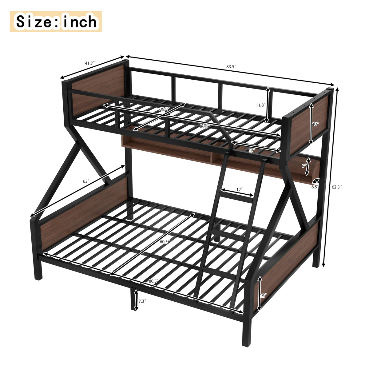 Bellemave Twin XL Over Queen Size Bunk Bed with Storage Shelves and LED Lights,Heavy Duty Adult Bunk Beds with Angled Ladder,Metal Queen Bunk Bed,Black