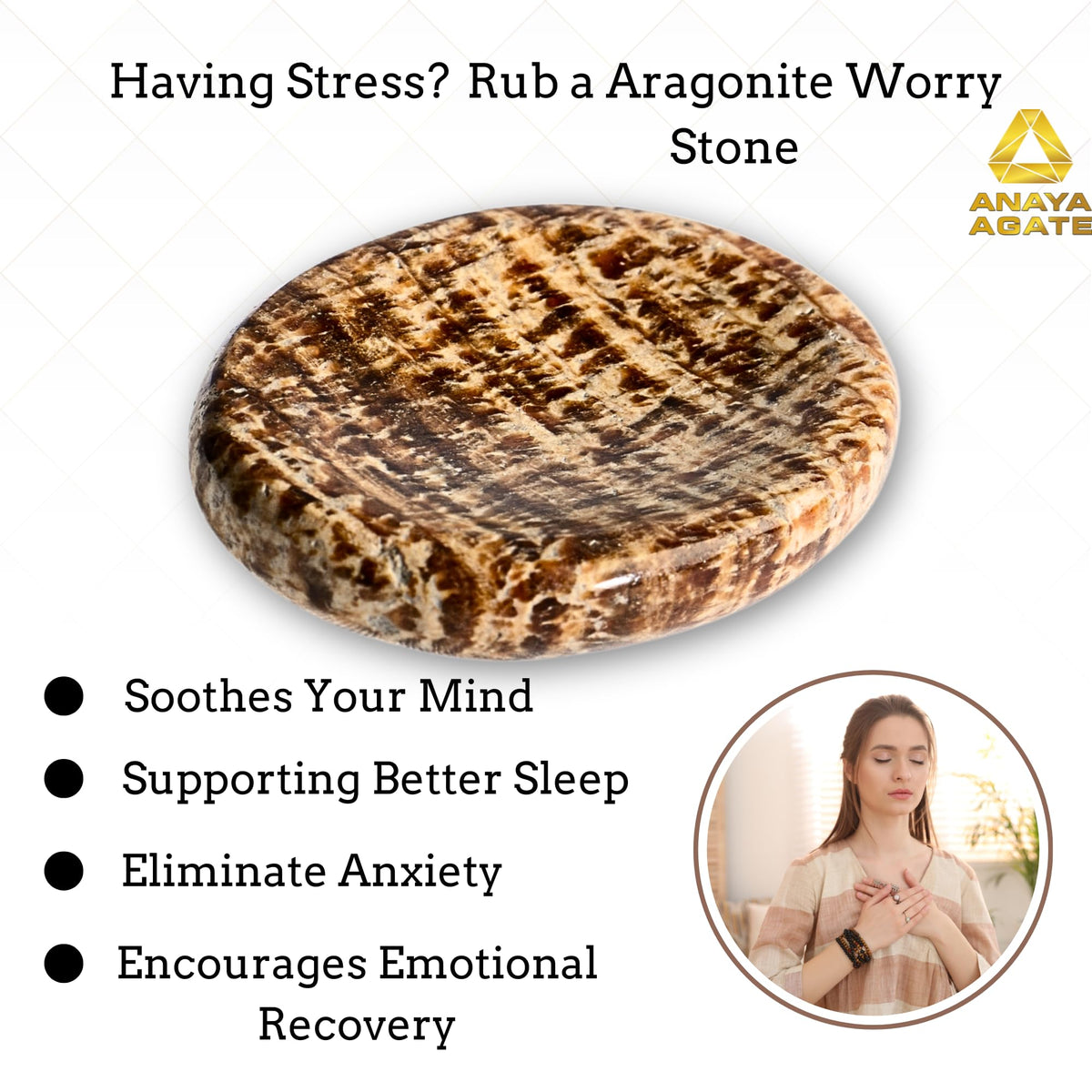 Anaya Agate Aragonite Worry Stones Certified Crystal Thumb Worry Stone for Anguish, Relaxing and Soothing Balance Stones for Meditation, Stress Relief Crystals and Healing Stones for Men, Women