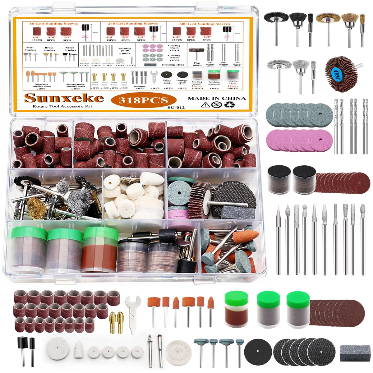 Sunxeke 318PCS Rotary Tool Accessory Kit with Sanding Drum,1/8inch Shank Universal Fit for Most Rotary Tools,Bits for Sanding, Polishing, Cutting,Drilling,Engraving,Grinding,Woodworking,DIY