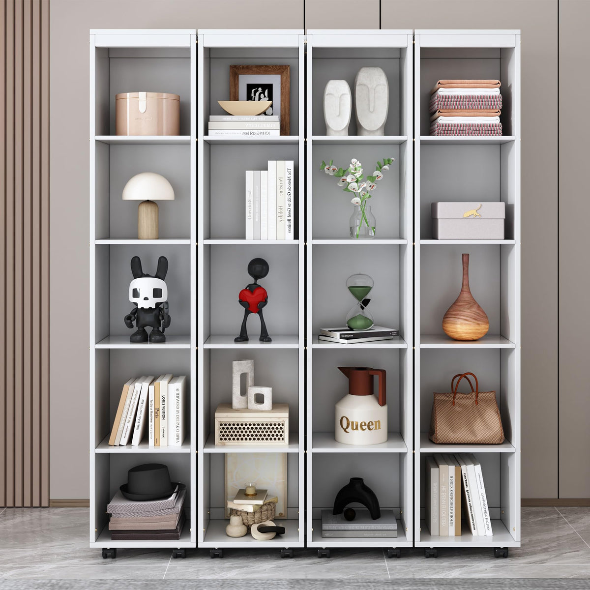 Merax Queen Size Murphy Bed with with 5-Tier Storage Shelves, Wooden Wall Bed Cabinet with Storage Doors, Foldable Platform Bedframe with Hydraulic Lift System for Guest Room and Bedroom