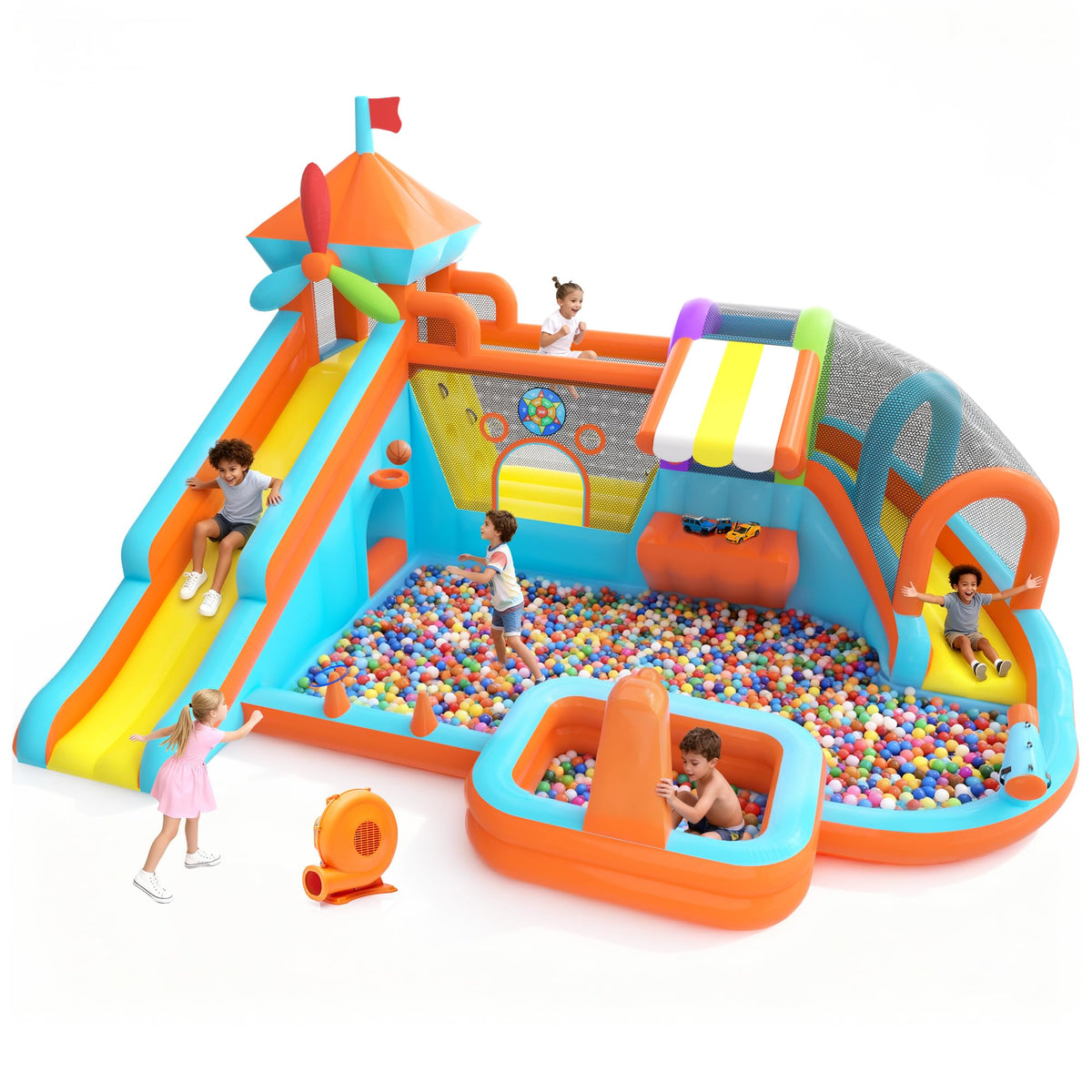 Inflatable Bounce House with Double Slide, 10 in 1 Large Bounce Castle with 750W Blower, Water Slide, Jumping, Splash Pool, Climbing Wall, Toy Stand, Water Cannon, Basketball, Tunnel, Outdoor, Orange