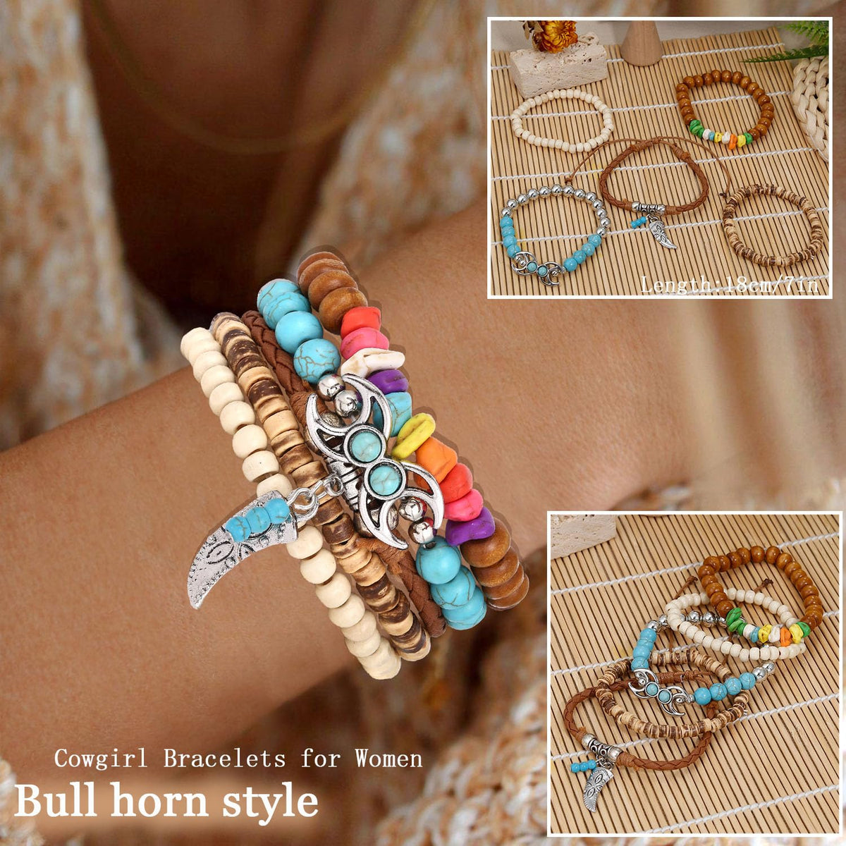 COLOYAN 28PCS Western Bracelets for Women Stackable, Stretch Charm Bohemian Bracelet Stacks, Vintage Turquoise Bead Bracelet Western Jewelry
