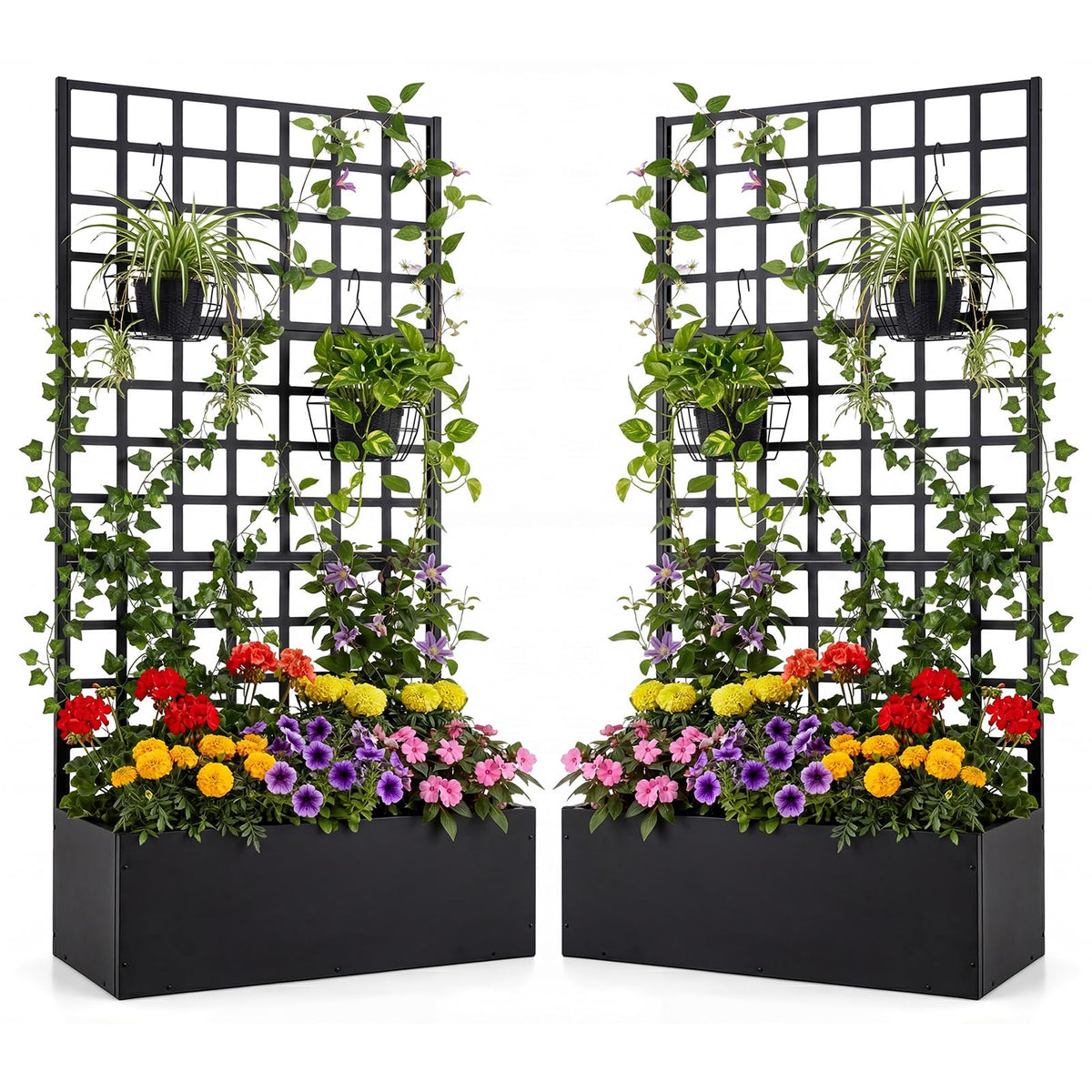 Giantex 2 Pack Metal Raised Garden Bed with Trellis, 71"x36"x16" Galvanized Planter Box w/Drainage Holes for Climbing Plants Vegetables Flowers, Outdoor Privacy Screen for Patio Backyard Balcony