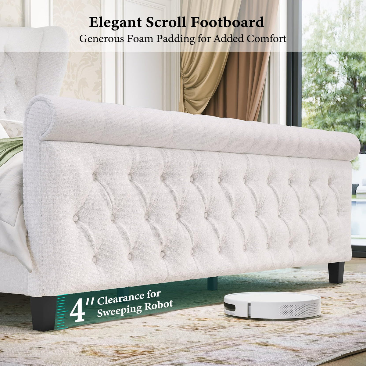 koorlian King Bed Frame,Chenille Upholstered Sleigh Bed with Scroll Wingback Headboard & Footboard,Luxury & Soft Button Tufted Modern King Bed,Easy Assembly,No Box Spring Needed