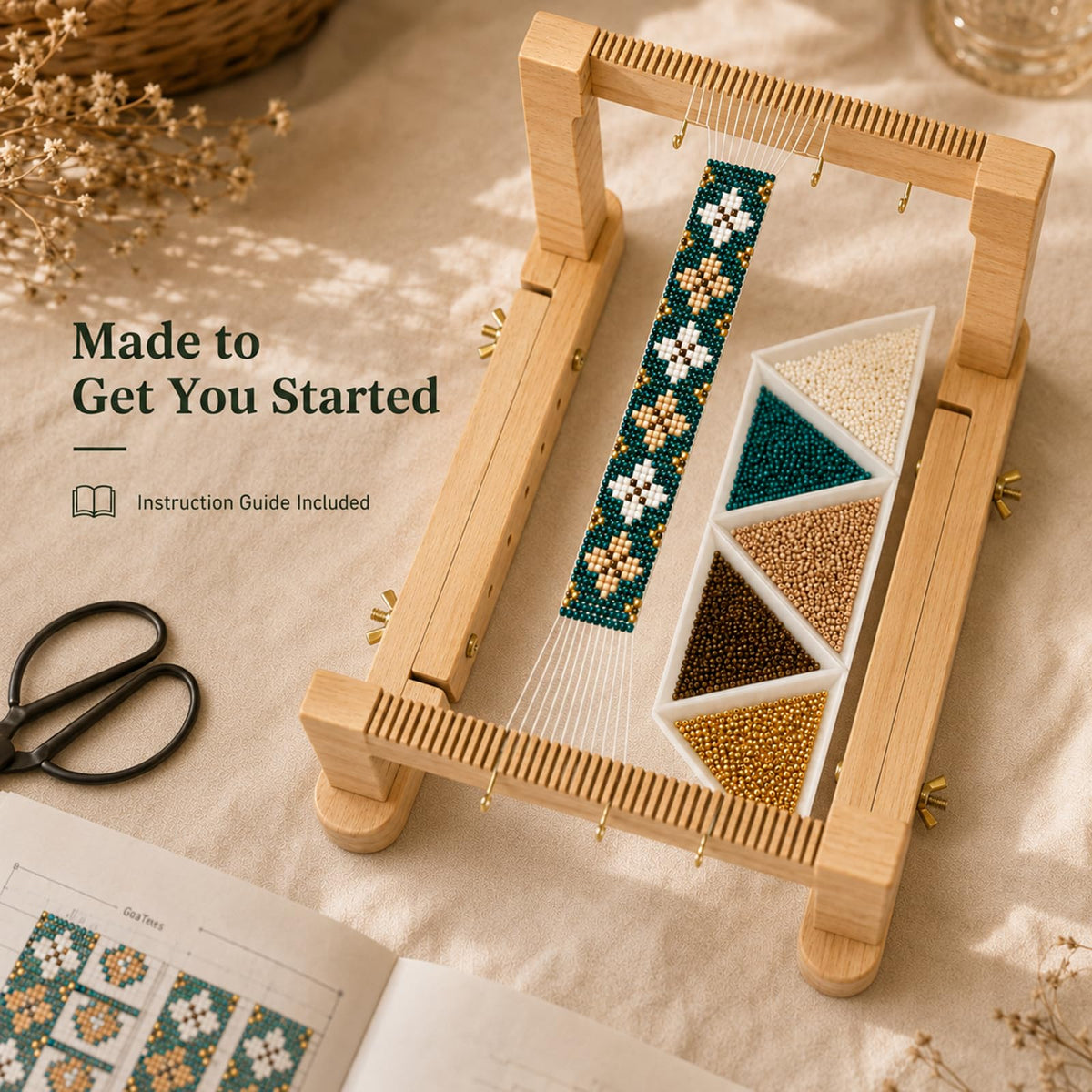 TMEGMIC Adjustable Wood Bead Loom Kit - Professional Wooden Weaving Frame for Jewelry Making - Sturdy Tool for Beginners, Seed Beads, Bracelets & DIY Crafts (Natural Wood-Vintage Green Bracelet)