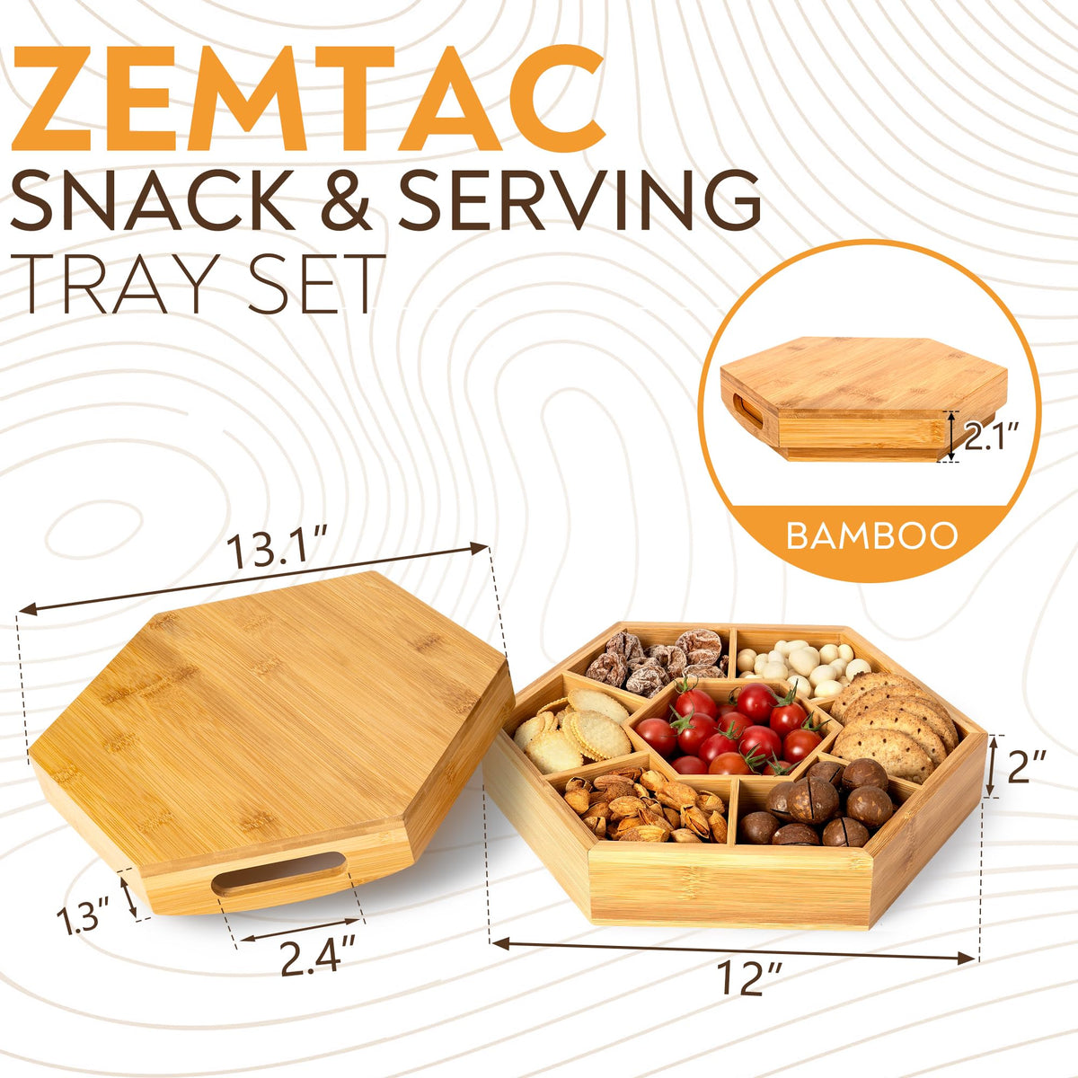 Snack and Serving Tray Set – 13" Divided Bamboo Appetizer Platter for Dry Fruit, Nuts, Cheese and Charcuterie (Bamboo, 13"x11")