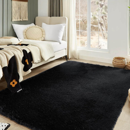 Floralux 5x7 Rug for Bedroom in Black, Ultra-Soft Fluffy Shag Area Rugs for Living Room, Modern Non-Slip Shaggy Floor Carpet for Teens Dorm, Bedside, Playroom, Nursery, Home Decor Aesthetic