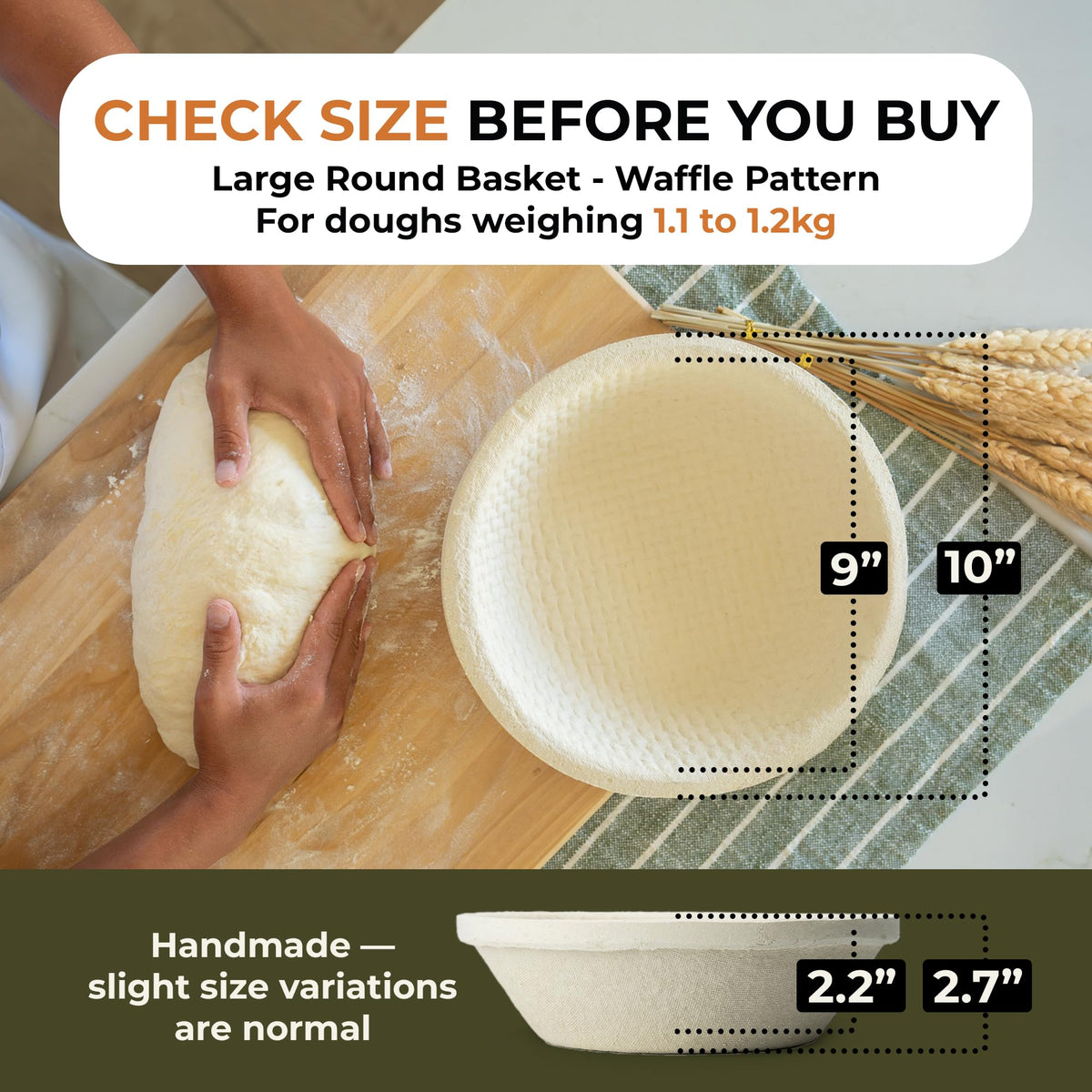 Bulka Large Round 9" 1kg Waffle Banneton Bread Proofing Basket Pressed Wood Pulp, Sourdough Proofing Basket - Non-Stick Brotform Sourdough Bread Baking Supplies, Made in Germany.