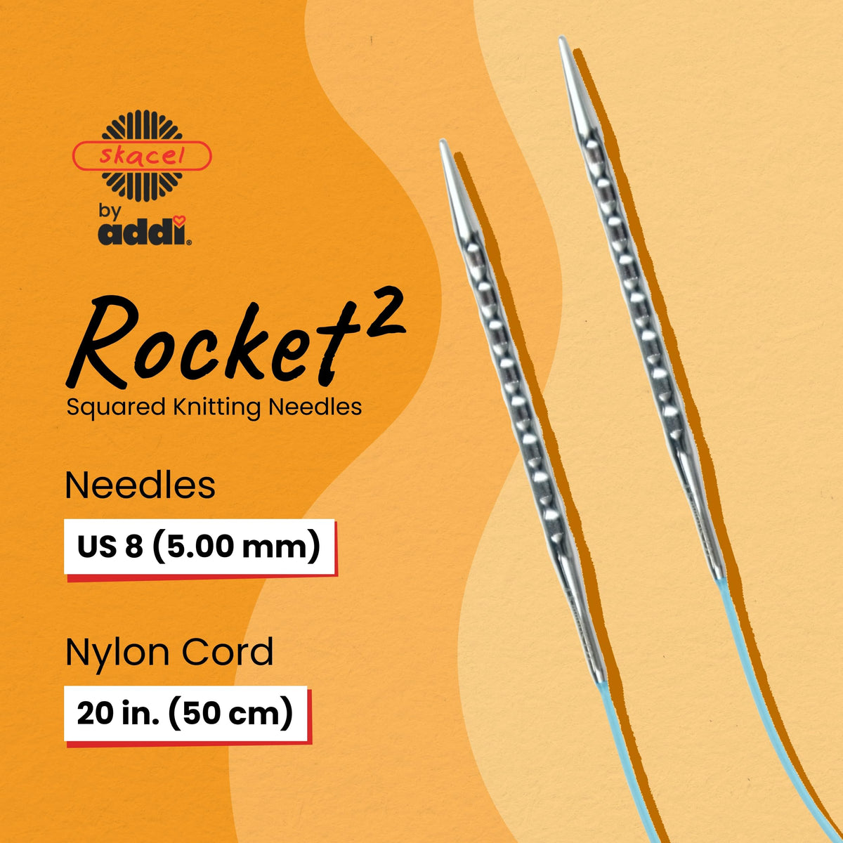 skacel by addi Rocket 2 (Squared) Circular Knitting Needles, Fixed 20 Inch (50 cm) Plated Brass Tips with Flexible Nylon Cord, 5 mm (US Size 8)