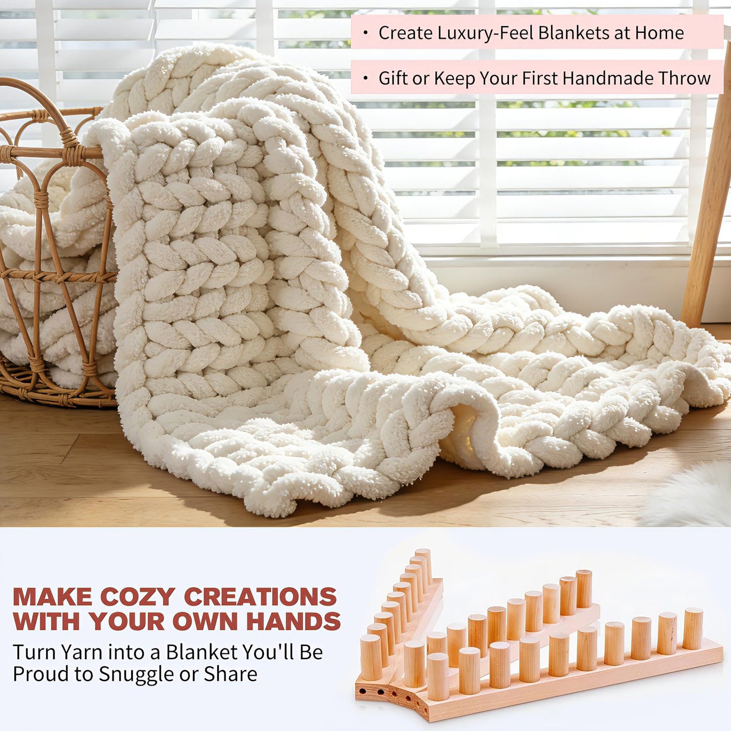 46 Inch Chunky Knitting Blanket Loom - Wooden Knitting Loom Frame for Hand, Thick Yarn Knitting Tools for Beginner, Foldable and Portable Chunky Blankets Extra Large Loom
