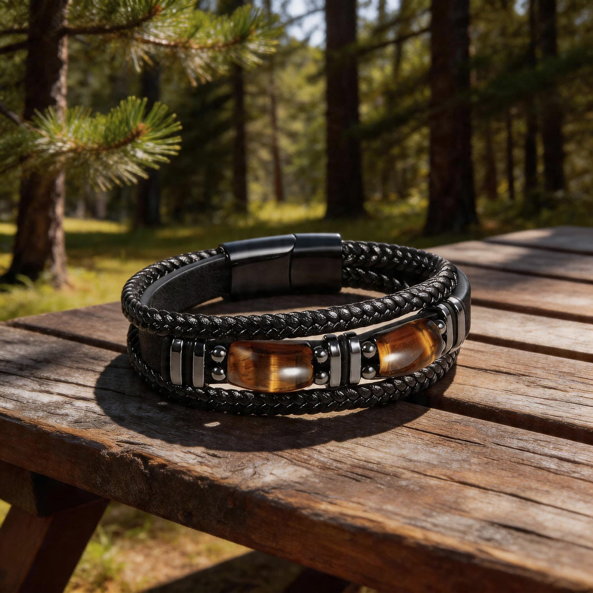 Enjoy Risingsun Tiger Eye Black Leather Bracelet Men Natural Tiger Eye Obsidian Gemstone Crystal Stone Jewelry Handmade Courage And Stress Relief Protection Bracelet