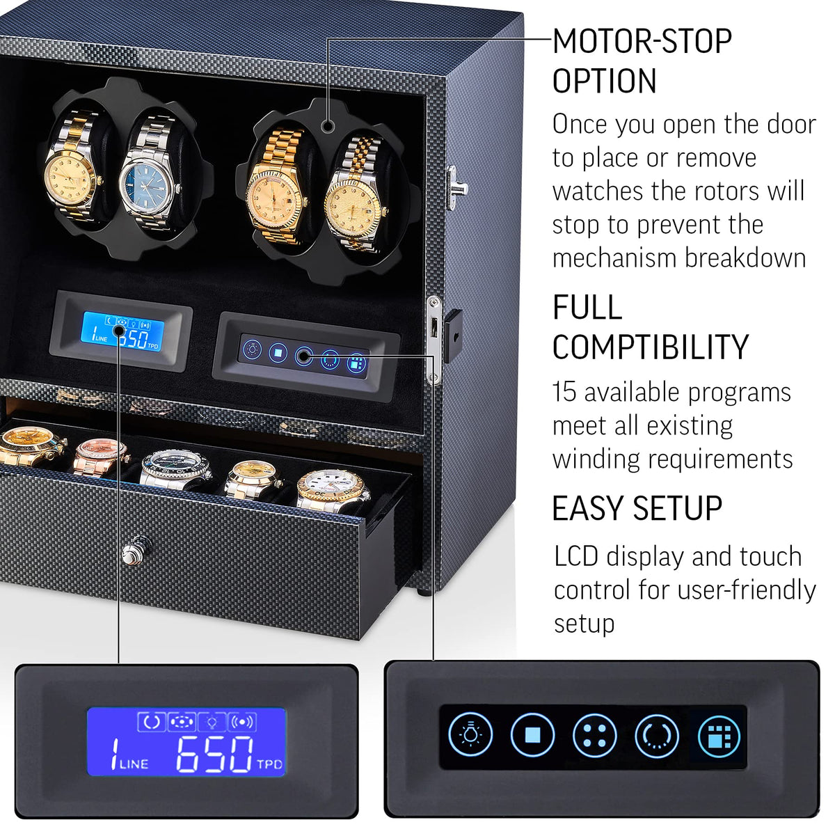 4 Watch Winder with 5 Watch Storage Space, LCD Display, Touch Control and Interior Light (Carbon + Black Velvet)