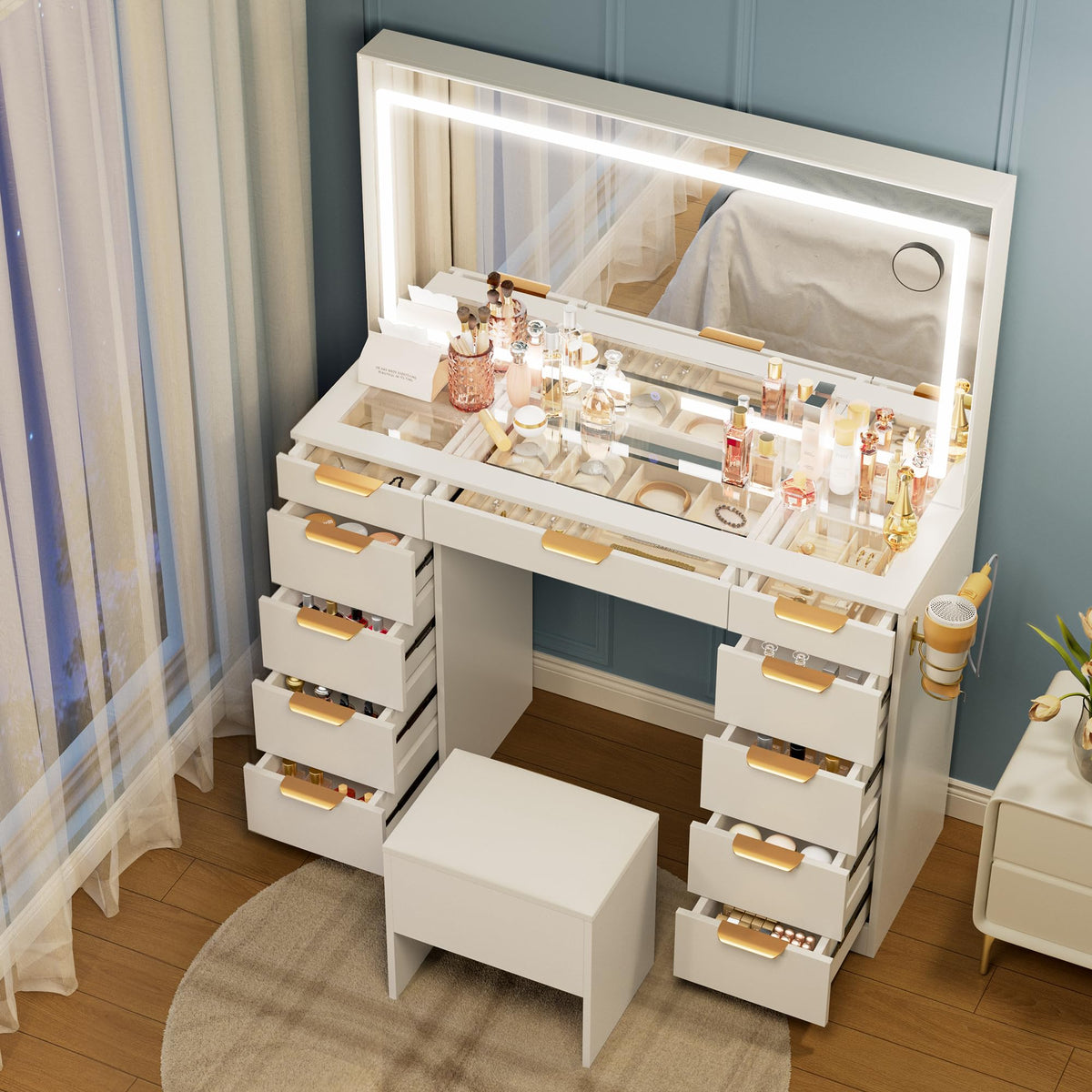 Pamapic Glass Top Vanity Desk with Mirror and Lights, 11 Drawers Makeup Vanity with Charging Station and Chair, Golden Handles Dressing Table, 3 Lighting Modes Makeup Table, White