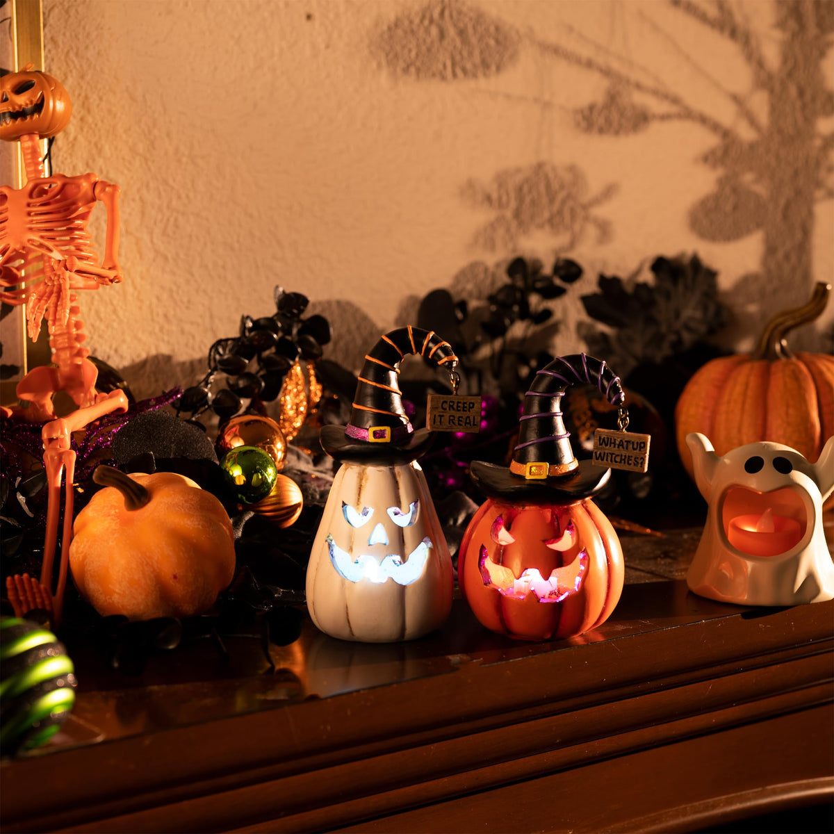 Valery Madelyn Pumpkin Halloween Decorations Indoor for Home, 2Pcs Resin Halloween Figurines with Light, White and Orange Jack o Lantern Decor with Witch Hat for Table Tiered Tray, 5.7" Tall