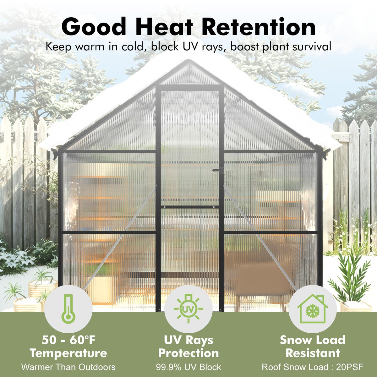 8X10FT Greenhouses for Outdoors with Electronic Thermometers, Green Houses for Outside with Drainage Channel Roof Vent for Backyard, Walk-in Greenhouse Kit Withstands Strong Wind or Snow