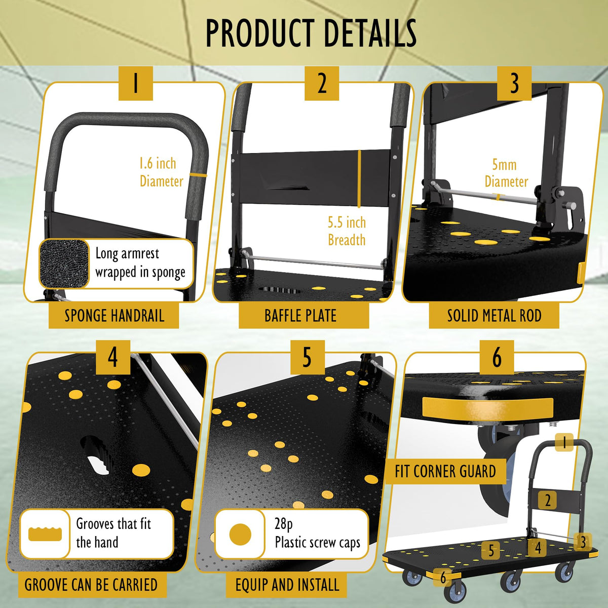 Heavy-Duty Foldable Platform Cart with 6 Wheels & 2000LB Capacity - 360° Swivel & Fixed Casters, Collapsible Push Cart Dolly Black Plastic Trolley, 5" Wheels, Spare Tire & Anti-Collision Corners