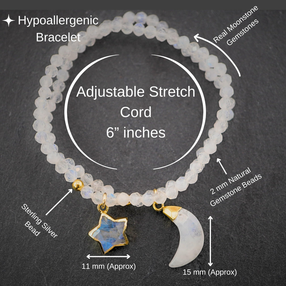 Moonstone Bracelet Birthday Gift for Girls, Toddler Bracelet with Certified 925 Sterling Silver 18K Gold Vermeil Moonstone Crystal Star Charm