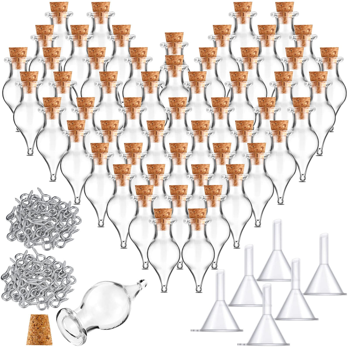 Geiserailie Mini Glass Bottles Potion Teardrop Shaped Glass Bottles Jars with Cork Stoppers with Eye Screws and Small Funnels for Christmas Birthday Party Favors DIY Art Crafts(186 Pieces)