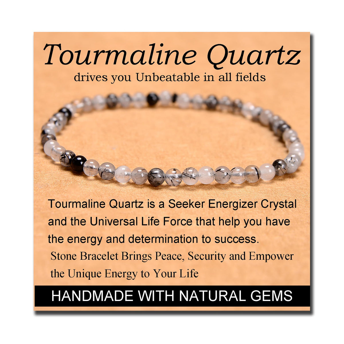 MASSIVE BEADS Tourmaline Quartz - Stone of Unbeatable - Handmade Yoga Stretch Elastic Bracelet Natural Stone Crystal Healing Power Energy Gifts for Unisex Adult 4mm
