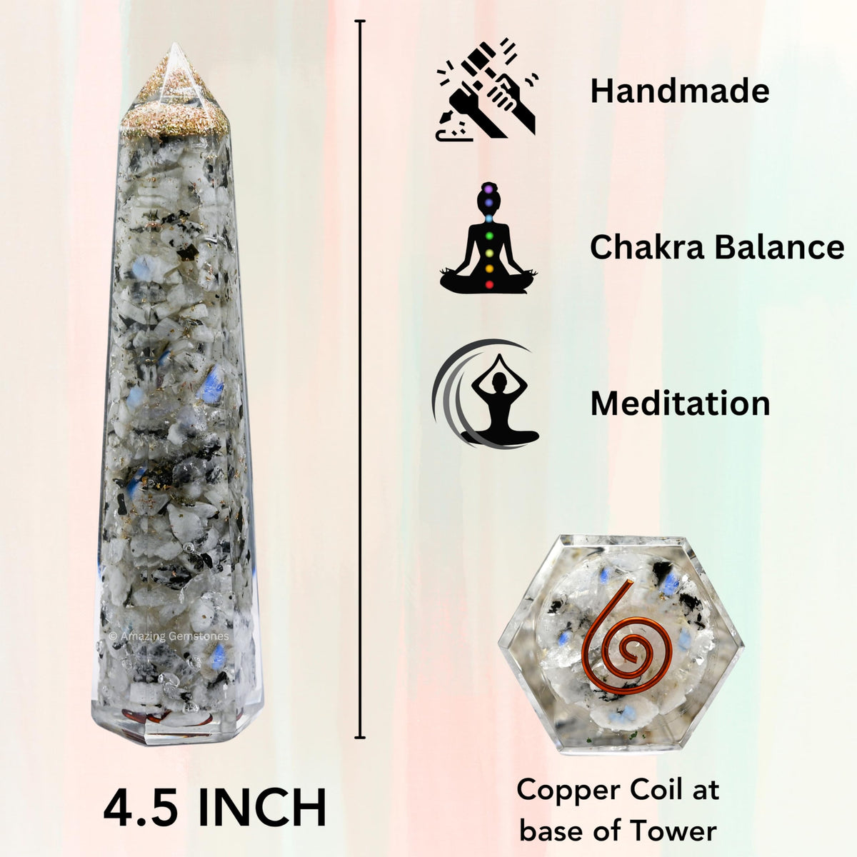 Amazing Gemstone Rainbow Moonstone Orgonite Orgone Crystal Towers - Large 4.5" Orgonite Crystal Wand Obelisk Tower Point for Meditation, Crystals and Healing Stones Gift and Protection