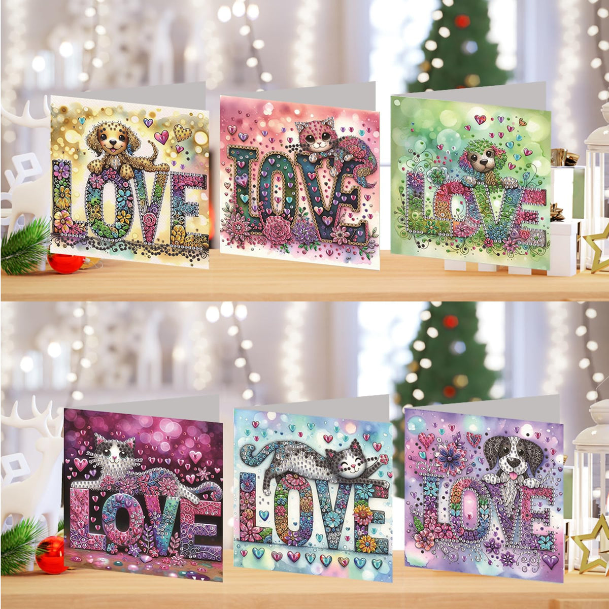 Sulunmo 6pcs DIY Diamond Art Cards Kits for Adults, 5D Diamond Greeting Cards Kits Art Birthday Cards Birthday Gifts for Families, Friends, Partners (Love (With Envelope))