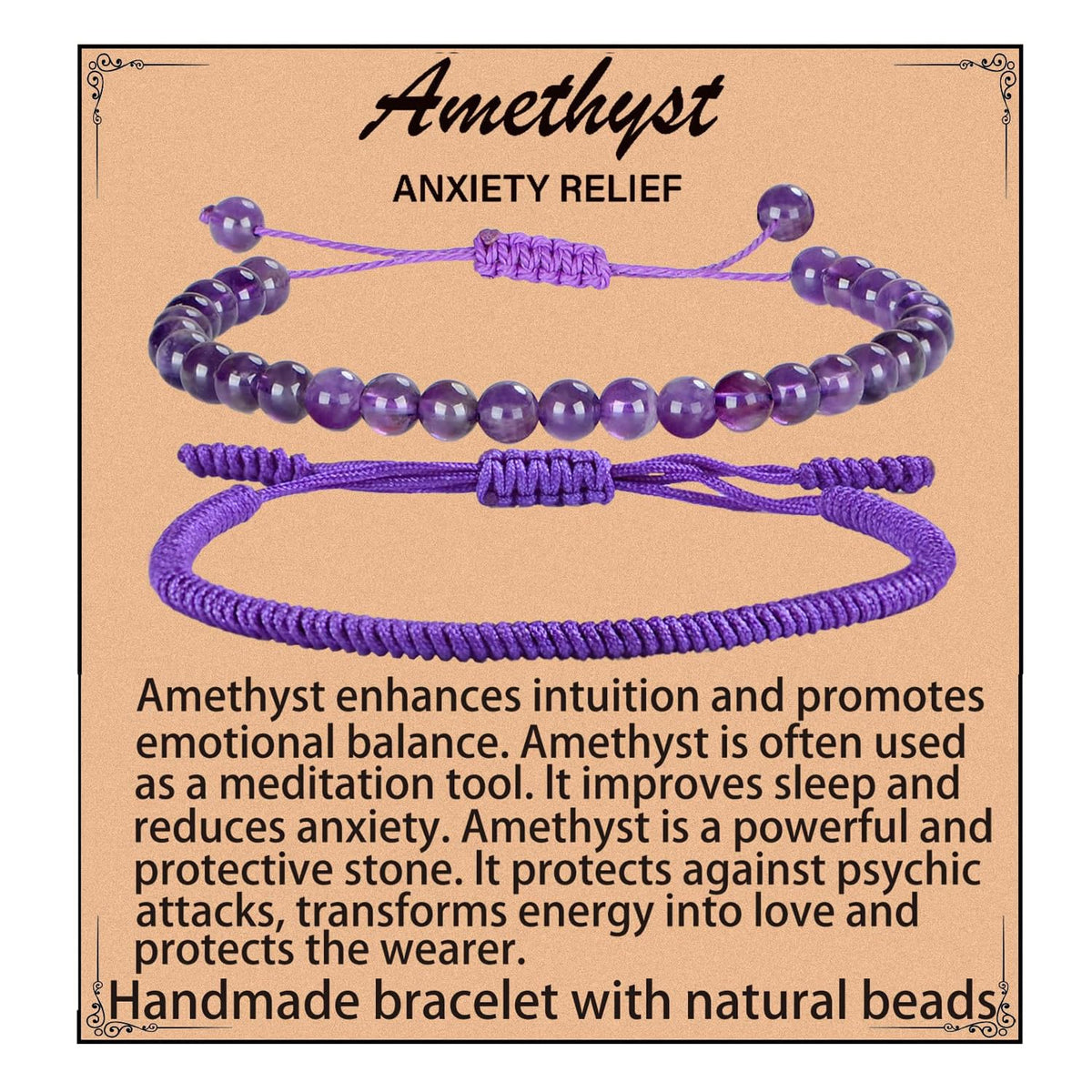 LPBeads 6mm Purple Amethyst Bracelet with Handmade Rope Bracelet Size Adjustable Natural Stone Crystal Healing Bracelets Gifts for Unisex Adults