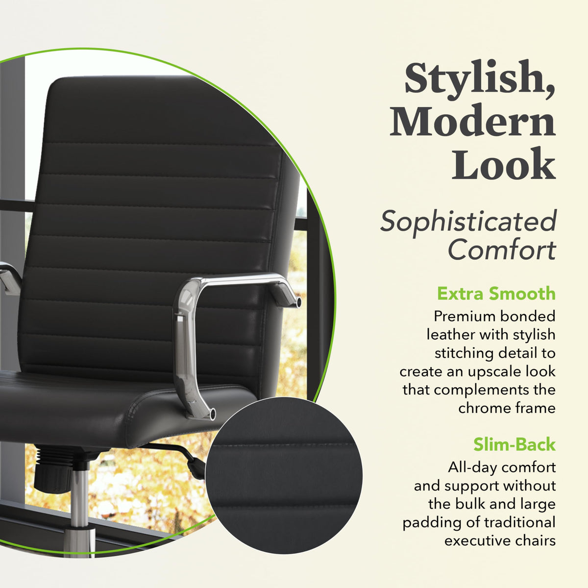 HON Sadie Executive Ergonomic Office Chair with Leather Upholstery, Chrome Arms and Back Support, Mid Back Desk and Computer Chair for Home Office or Conference Room, 360 Swivel, Black
