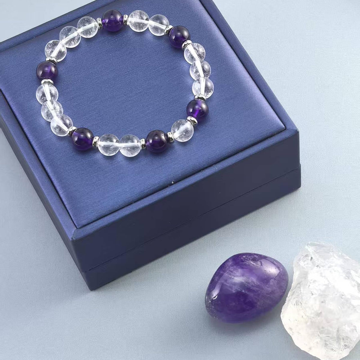 Atminafays 8MM Healing Crystal Bracelet - Amethyst & Clear Quartz | Natural Stone Energy Jewelry for Anxiety Relief and Stress & Positive,adjustable 6.5-8"