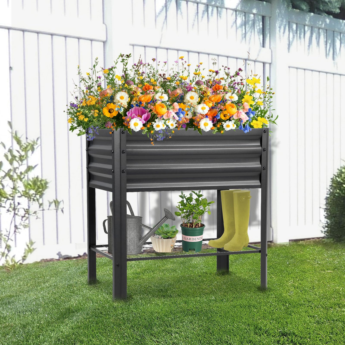 Veezyo Raised Garden Bed with Legs and Shelf, 2pcs 32"x20"x31.5" Powder Coated Elevated Metal Planter with Legs for Outdoor Vegetables, Standing Raised Beds for Balcony, Patio, Lawn and Backyard