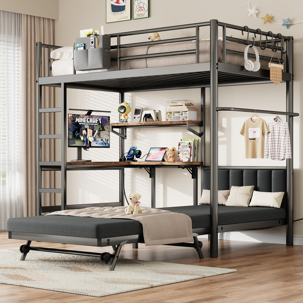 Twin Loft Bed with Matteress, Heavy Duty Metal Bunk Bed Frame with Pull-Out Folding Bed and Desk, Dual-Access Bed, Charging Station, 2-Tier Adjustable Shelves, Safety Guard Rail & Ladder (Dark Black)