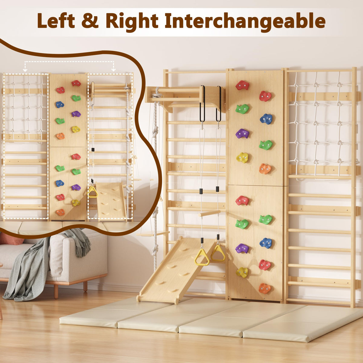 Cofiyard 9-in-1 Swedish Ladder Wall Gym & Climber, 94.5'' Wooden Wall-Mounted Climbing Set with Double-Sided Slide, Swing, Rope, Rings, Monkey Bars, Kids Indoor Playset, Wooden Climbing Jungle Gym