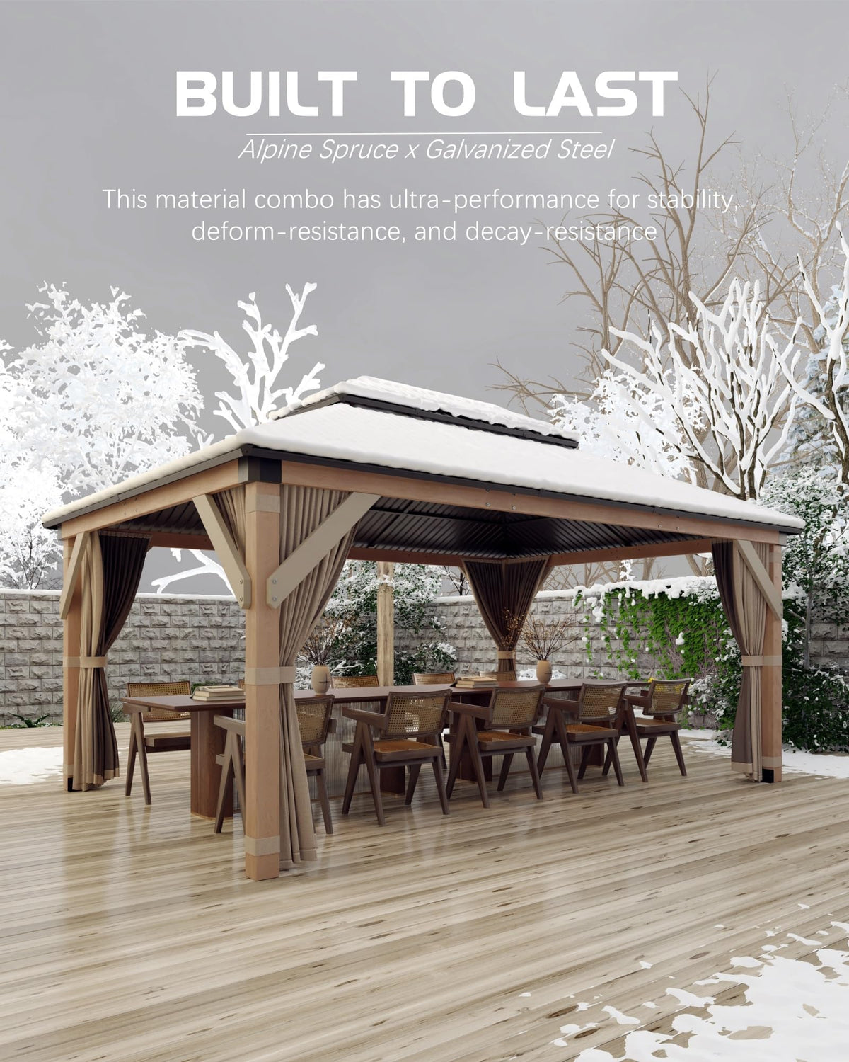 10x12FT Hardtop Wood Gazebo, Cedar Frame Outdoor Pavilion with Double Galvanized Steel Roof, Curtains and Netting Included, Ceiling Hook for Patio Backyard Deck Lawn Garden, Khaki