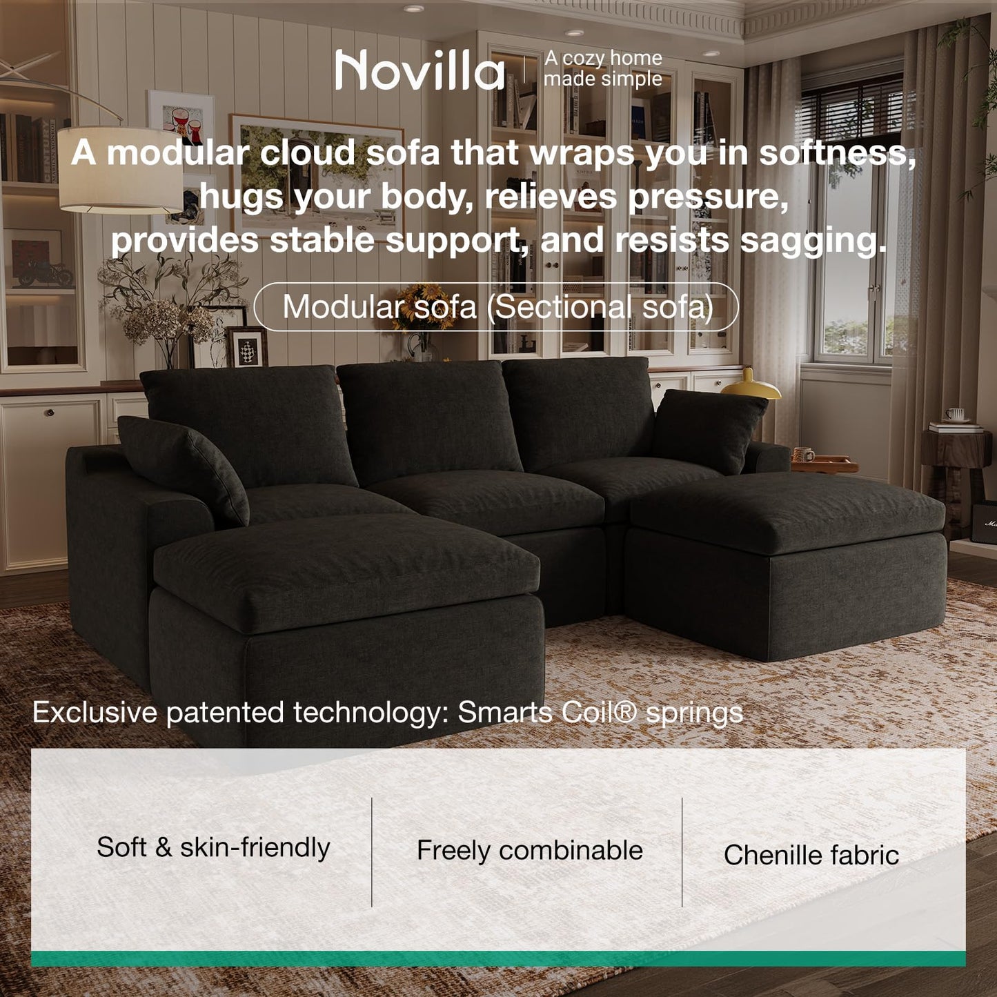 Novilla 133.8" Modular Cloud Couch, Modern Sectional Sofa with Smarts Coil® Support, Chenille Fabric, Upholstered Couch for Living Room Apartments Bedroom, No Assembly, 6 Seater, Dark Grey