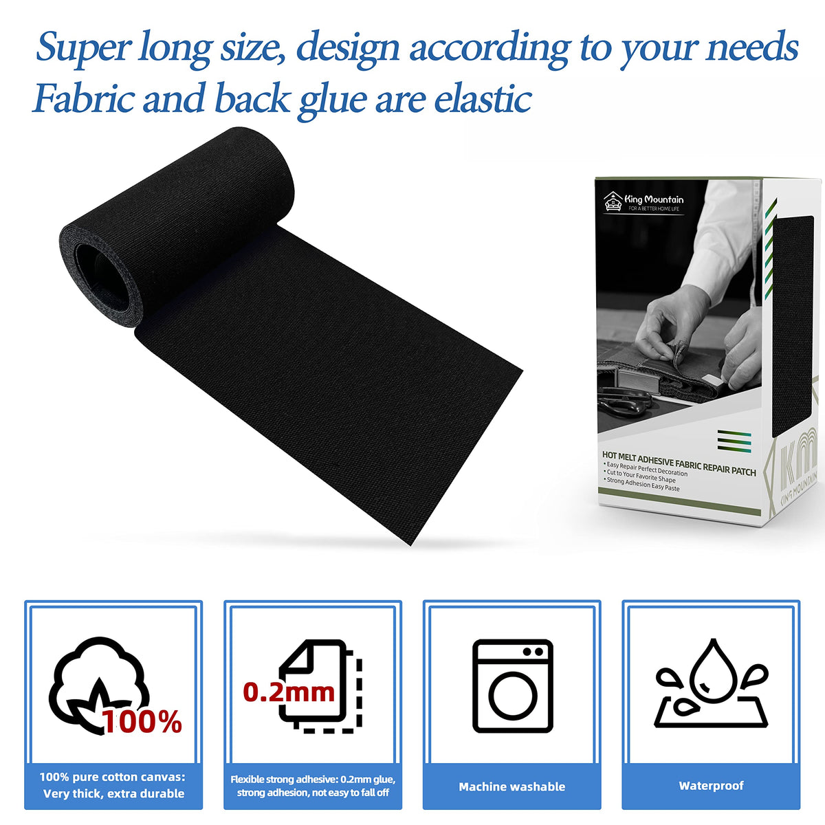 KING MOUNTAIN Canvas Iron on Patch,3"×60",Waterproof 100% Cotton Fabric Repair Patch,Used for Various Sofa,Tent,Clothes,Seats,Suitcases (Black,Waterproof)