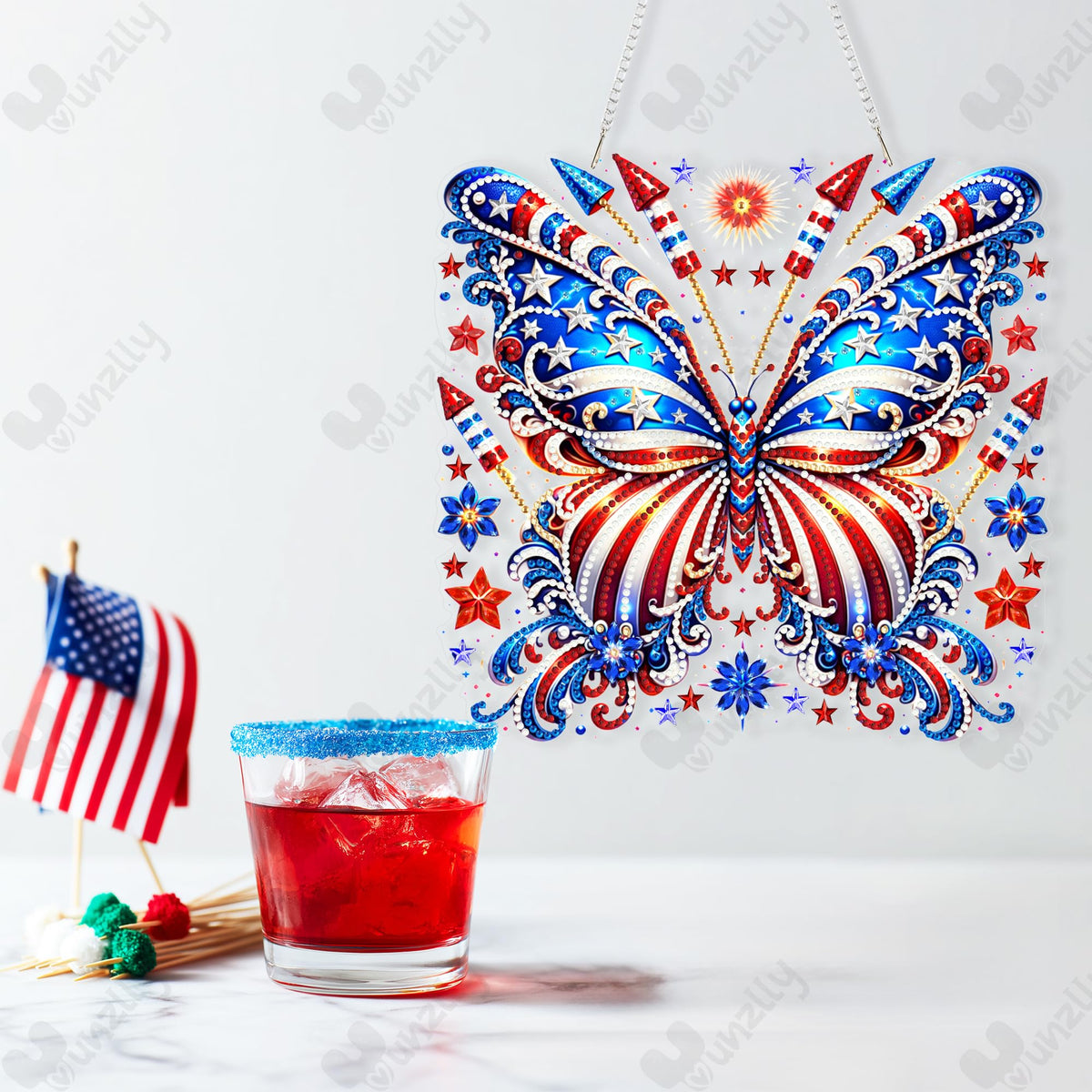 Yunzlly DIY Hanging Diamond Art Pendant Kit 4th of July, Special Crystal Double Sided Diamonds Painting Ornament Kit for Adults, Acrylic Gem Painting Board for Window&Door&Wall (Butterfly)