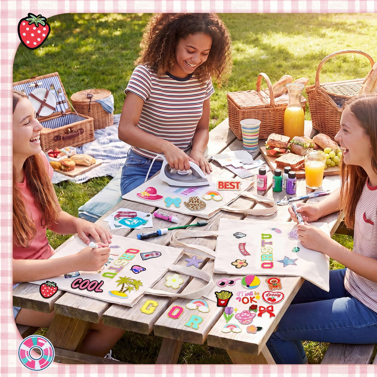 Meanplan 8 Pack DIY Canvas Tote Bag Bulk Tea Party Favors for Women with 119pcs Embroidered Patches Creative Craft Resuable Blank Canvas Bags DIY for Birthday Bachelorette Party Craft