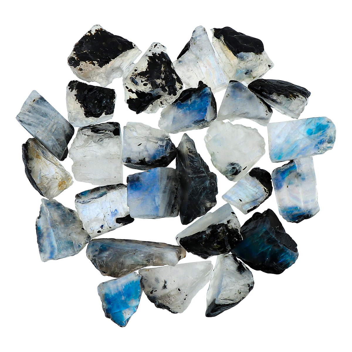 Gemkora 20 pc. Natural Blue Flash Raw Tourmilated Moonstone Crystal Rough Gemstone, Rock, Jewelry Making Supplies, Chakra Healing, Art-DIY Stone, (7-10mm) (75 ct.)
