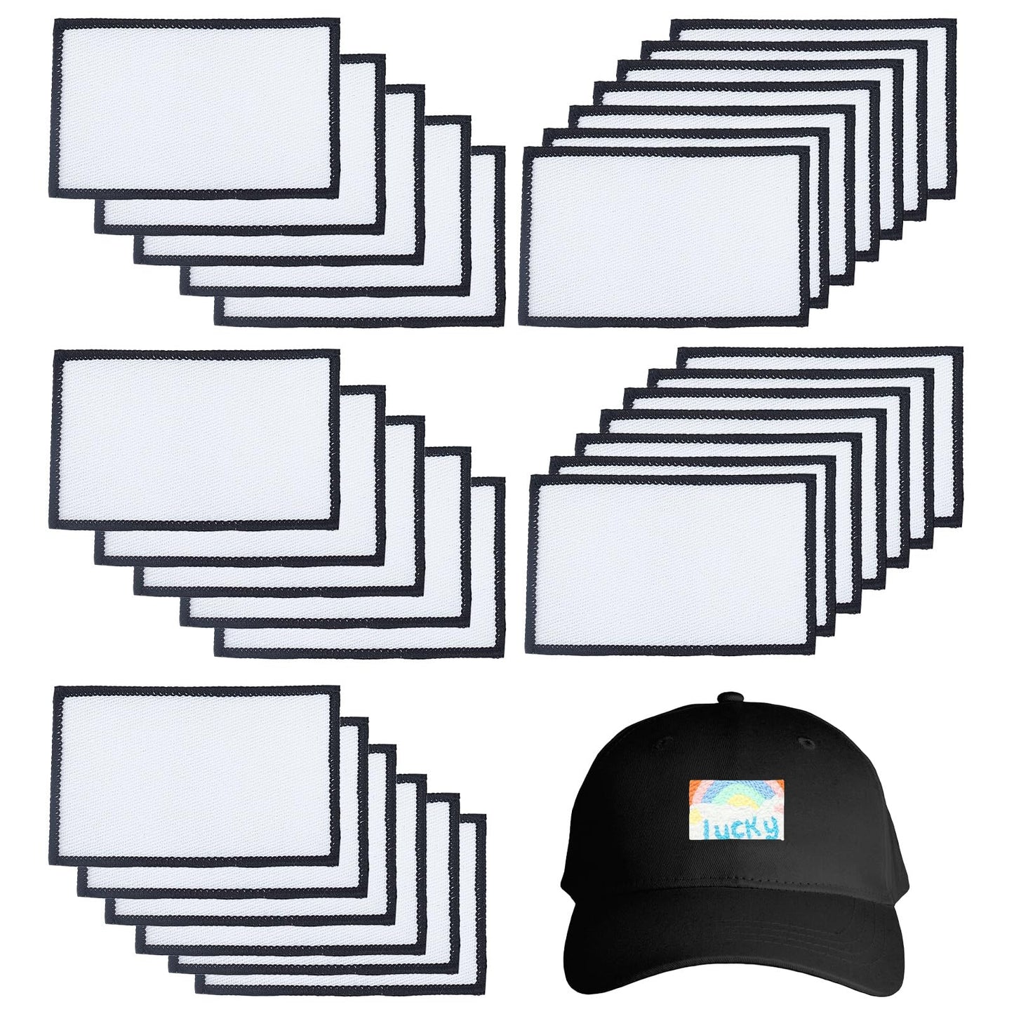 letsinstyle 30 Pcs Sublimation Patches, 1.9 x 3.1 Inch Flat Black Border Embroidery Patch, Rectangle Iron on Repair Decorative Blanks Patches for Caps Clothes Shoes Bags Backpacks Uniforms