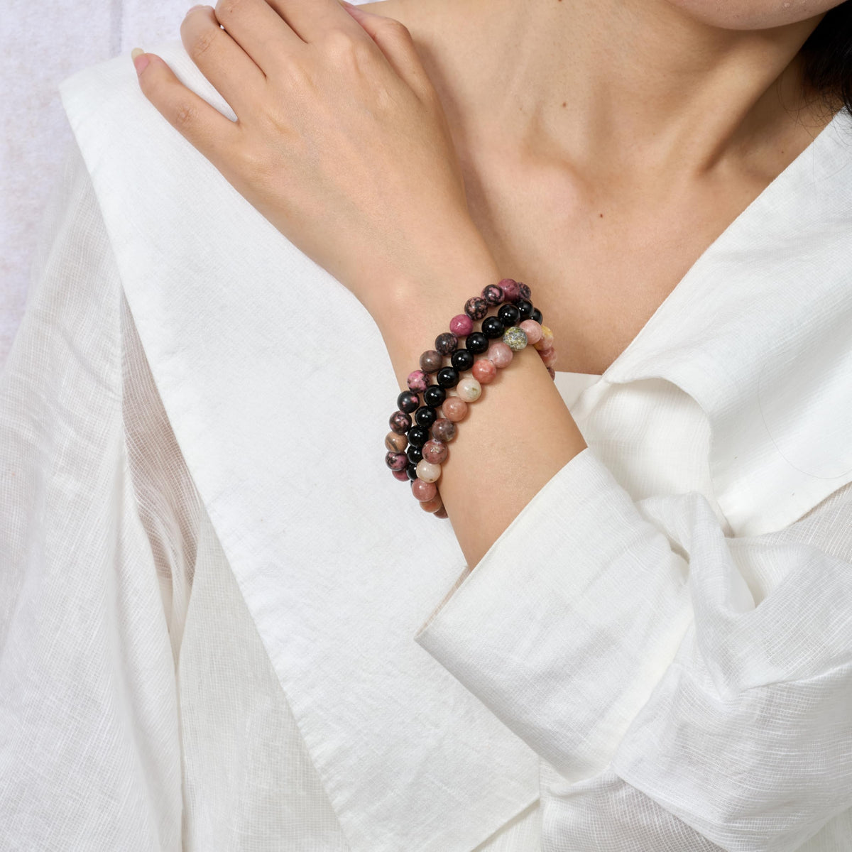 Bivei 3-Piece 8mm Beaded Bracelets for Women – Plum Blossom Jade, Rhodonite, Black Obsidian – Handmade Natural Crystal Stretch Elastic Jewelry for Meditation, Yoga, Protection Gifts