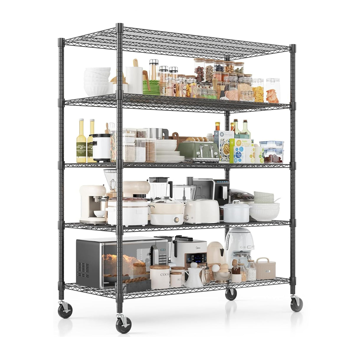 Xcity Storage Shelves, 5 Tier Heavy Duty Metal Shelving Unit with Wheels, 3000 LBS Adjustable Steel Wire Shelf for Commercial, Pantry, Kitchen, Garage, 24" D x 55" W x 72" H, Black